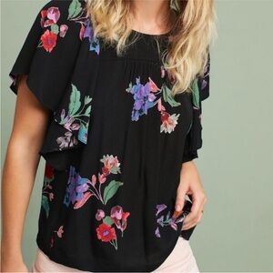 Anthro Maeve Black Floral Flutter Sleeve Blouse Size S EUC